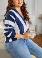 Aleumdr Women's Sweater Tops Lightweight Stripe Knit V Neck Long Sleeve Blue Jumper Tops 8 10 - Image 7