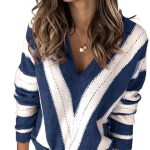 Aleumdr Women's Sweater Tops Lightweight Stripe Knit V Neck Long Sleeve Blue Jumper Tops 8 10