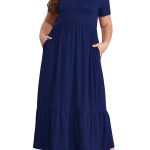 Mengpipi Women's Plus Size Casual Short Sleeve Crewneck Dress Flowy Tiered Loose Maxi Dress with Pockets Navyblue 1X-4X