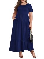 Mengpipi Women's Plus Size Casual Short Sleeve Crewneck Dress Flowy Tiered Loose Maxi Dress with Pockets Navyblue 1X-4X - Image 2